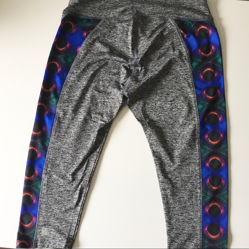 LuLaRoe Gray Leggings with Blue & Teal Peacock-Inspired Side Panels
